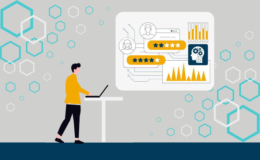 Illustration of a person working on a laptop while a digital screen displays customer feedback ratings, data charts, and AI-driven analysis, representing customer feedback analysis and data-driven insights.