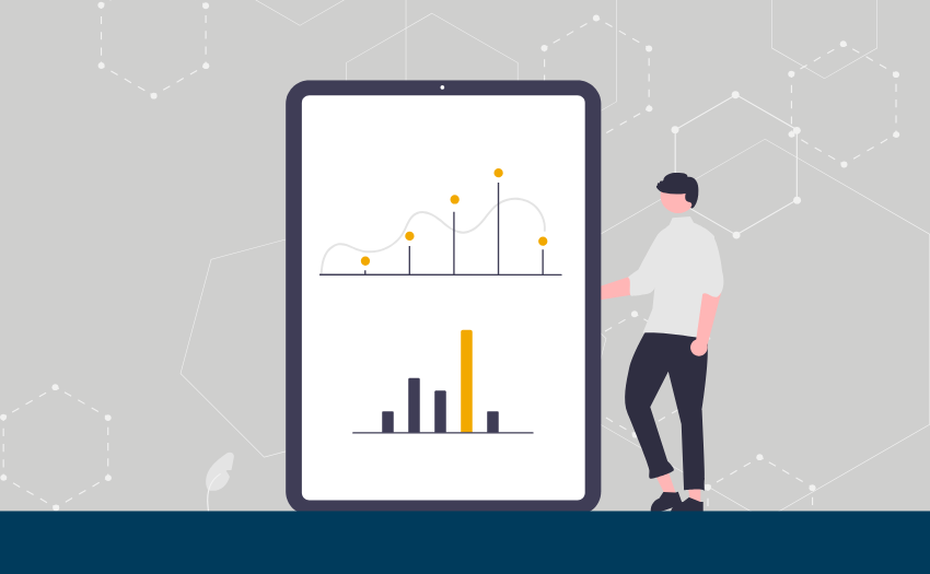 Illustration of a person standing next to a large tablet displaying data visualizations, including a line chart and bar graph, representing data analysis and digital insights.