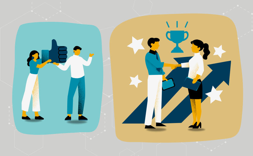 Illustration of two people on the left giving a thumbs-up in support of the scene on the right, where two professionals shake hands in a successful mentorship relationship, symbolized by an upward arrow, stars, and a trophy.