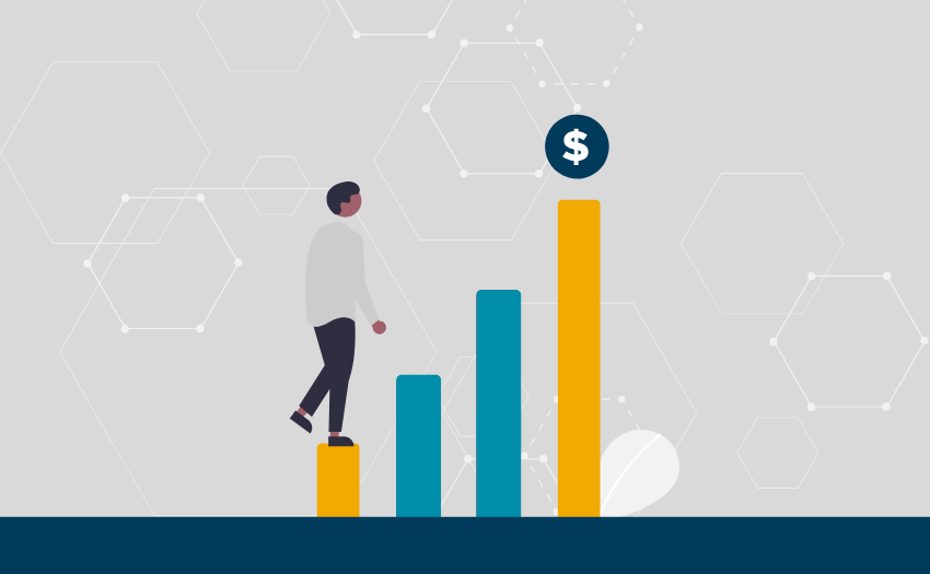 graphic of a person climbing a bar chart with a dollar sign at the top