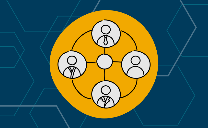 An illustration of four interconnected people icons, representing relationship management and collaboration. The background features a blue hexagonal pattern with a central yellow circle highlighting the connection.