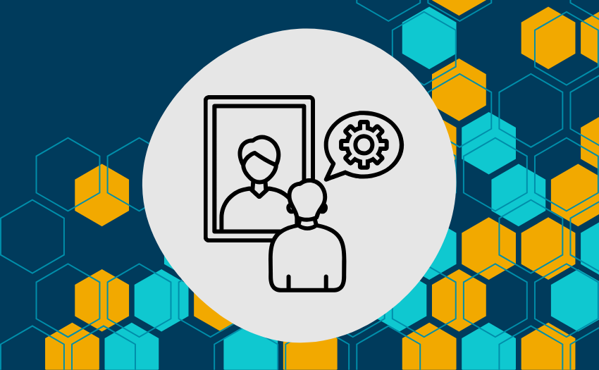 A black icon of a person looking at their reflection in a framed mirror, with a speech bubble containing a gear symbol, representing self-awareness and personal reflection. The background features a pattern of hexagonal shapes in blue, yellow, and turquoise.