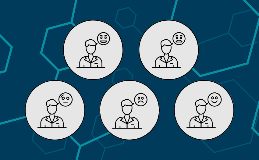 An illustration of five circular icons, each depicting a person with different facial expressions, symbolizing self-management and emotional regulation. The background features a geometric pattern of interconnected hexagons in shades of blue.