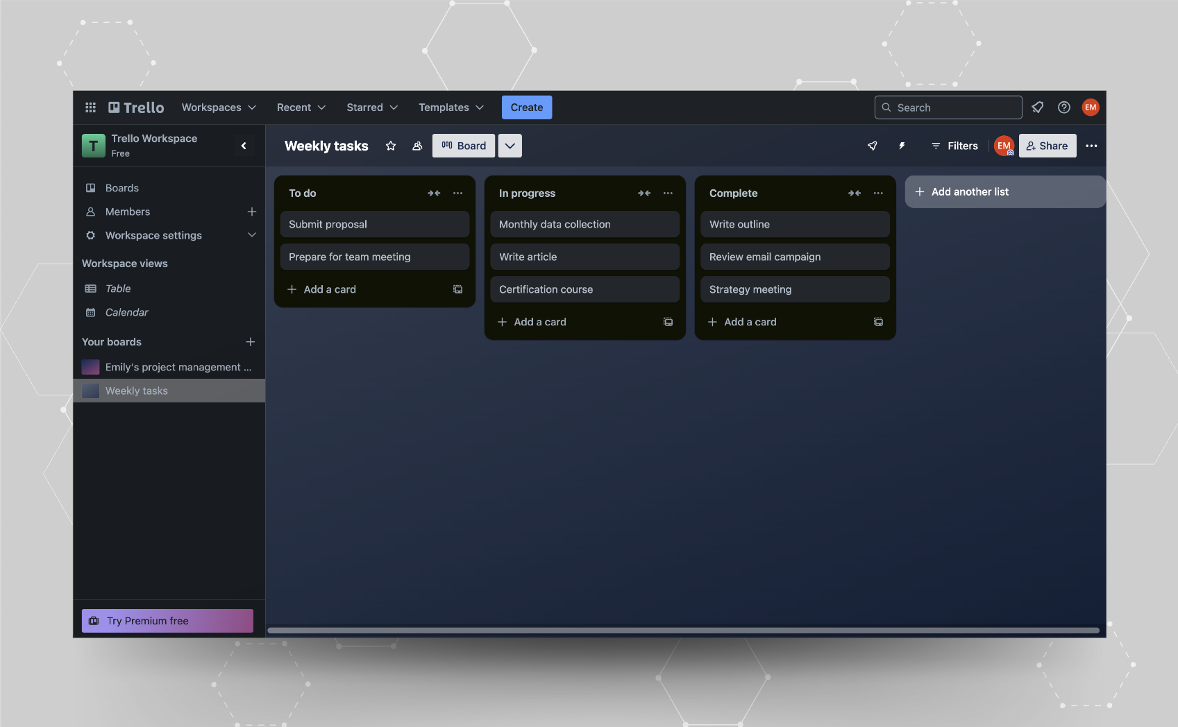 screenshot of a trello board