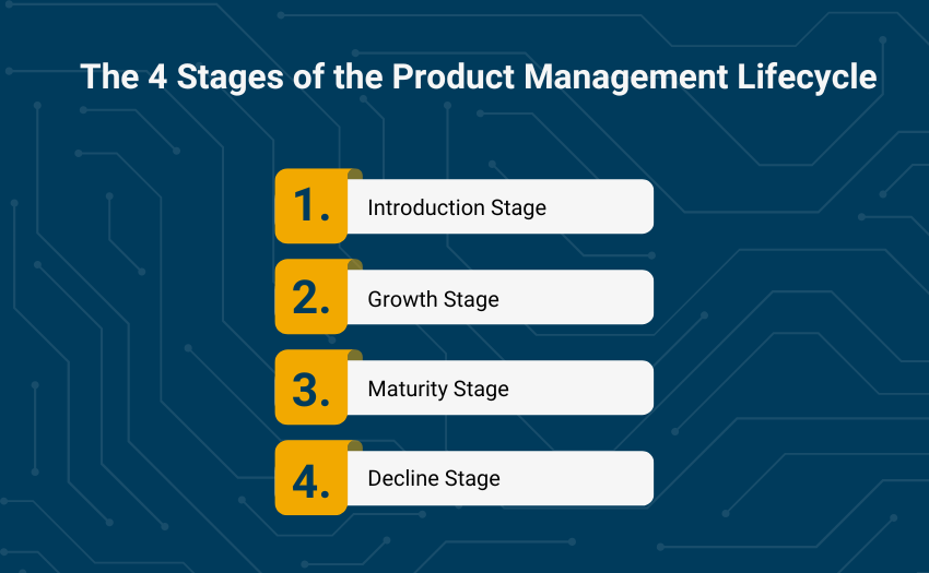 graphic showing the 4 stages of the product management lifecycle which are Introduction Stage, Growth Stage, Maturity Stage, and Decline Stage